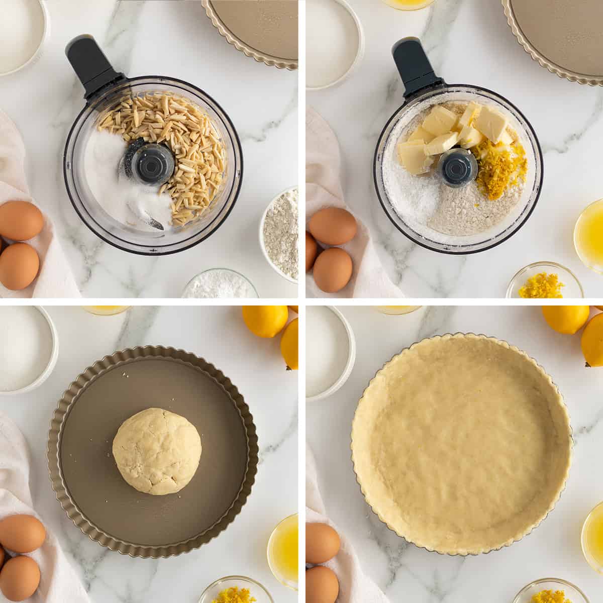 Tart crust ingredients in a food processor and then pressed into a tart pan.