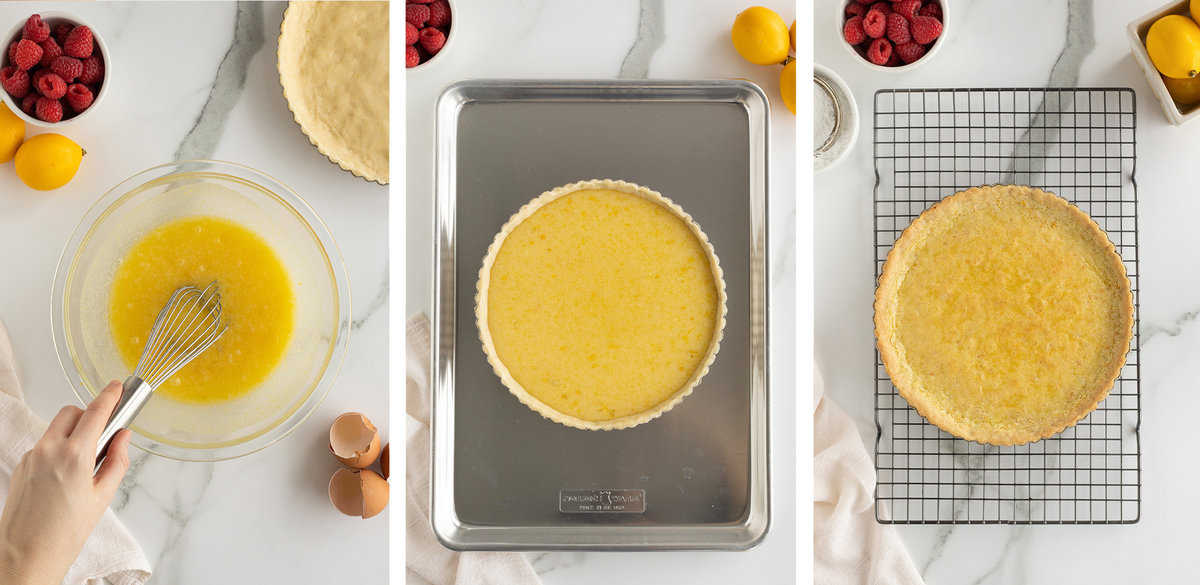 Three images of lemon tart filling being whisked in a bowl and the filling in a tart crust and then cooling on a wire rack.