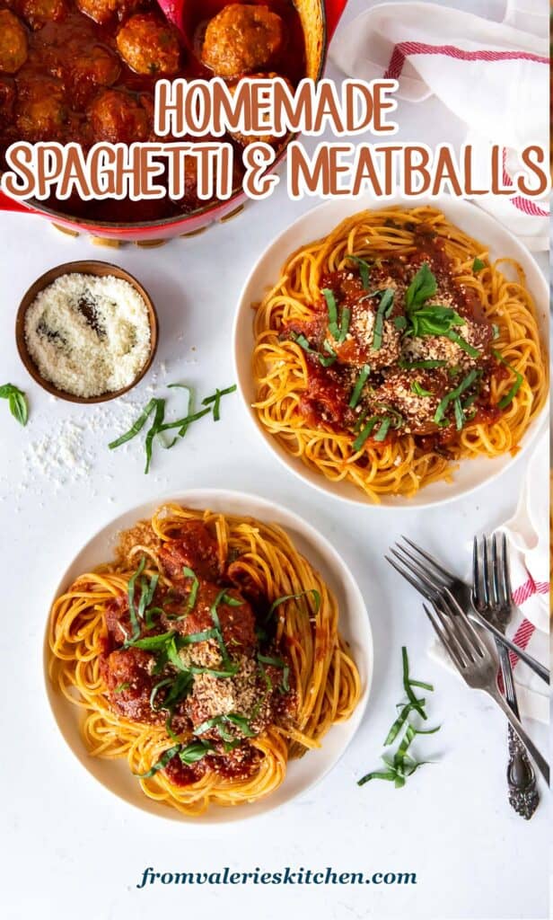 A top down shot of a pot of meatballs and sauce next to two plates of spaghetti with text.