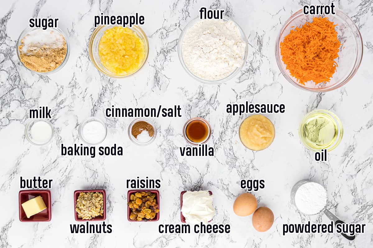 Carrots, crushed pineapple, sugar, and other ingredients in bowls with text.