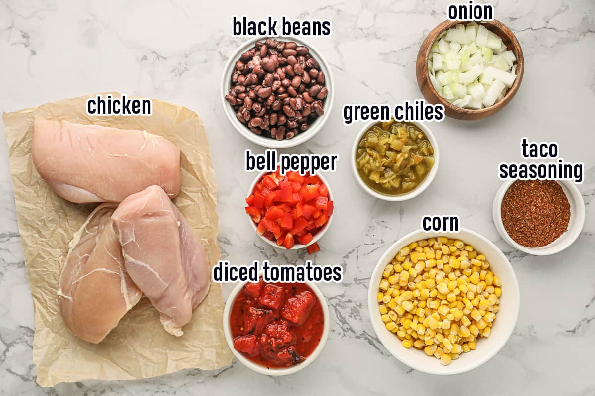 Chicken, beans, peppers, corn and other ingredients in bowls with text.