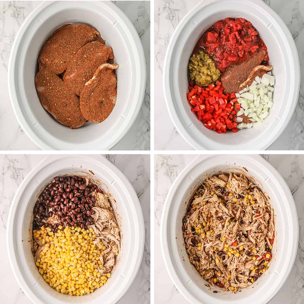 Four images of chicken with seasoning, tomatoes, corn and black beans in a white slow cooker insert.