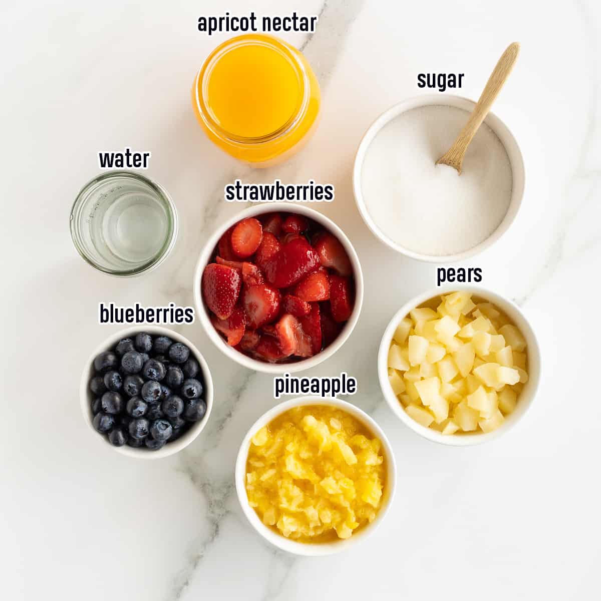 Apricot nectar, sugar, and fruit in bowls with text.