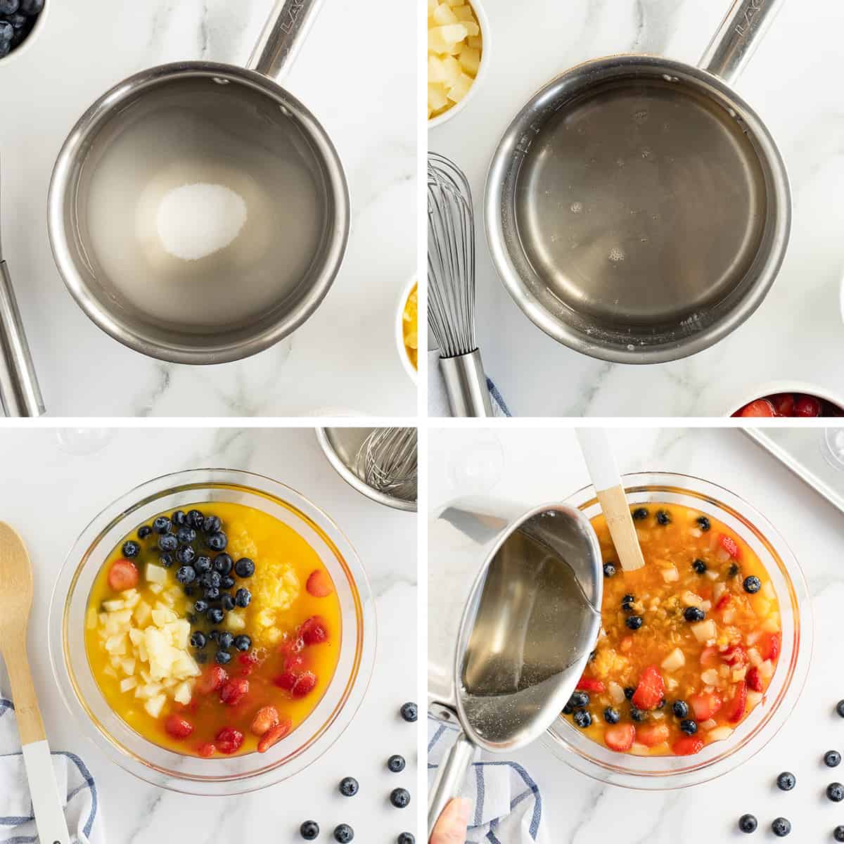 Four images showing simple syrup in a saucepan and being poured into a bowl of fruit.