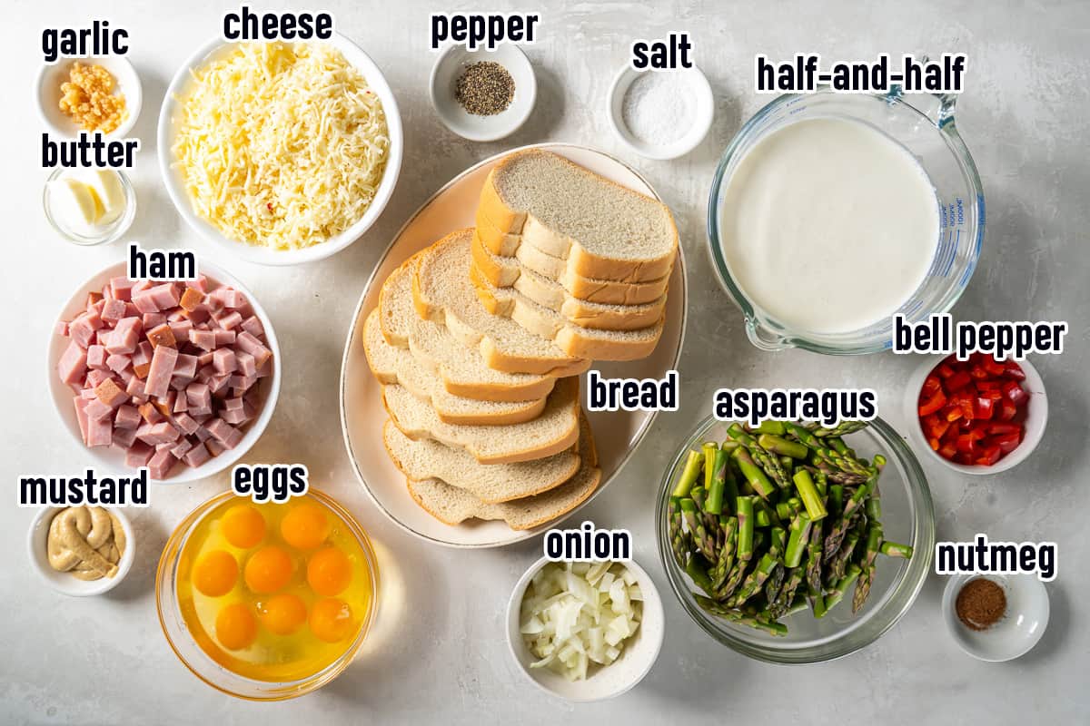 Bread, eggs, cheese, ham and other ingredients with text.