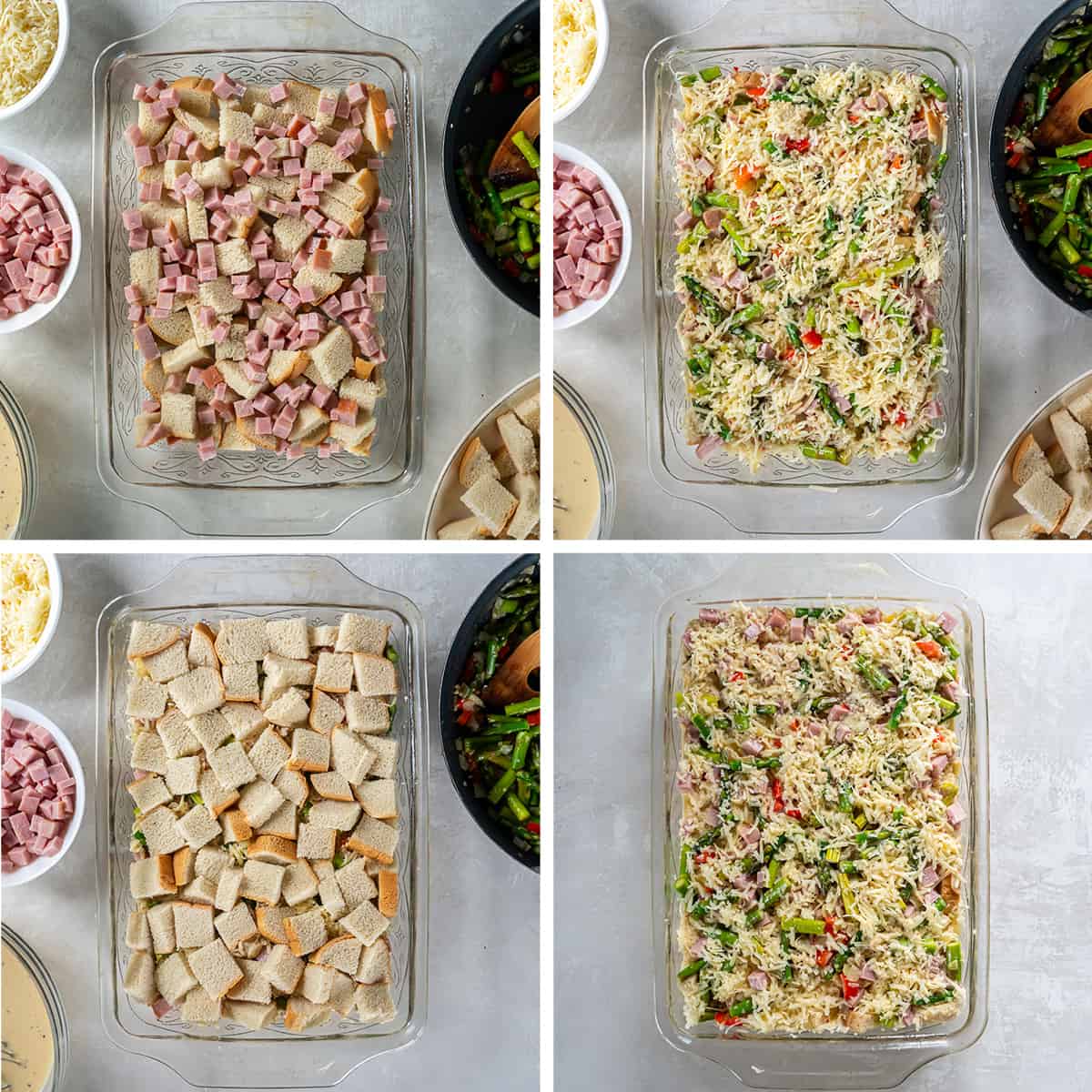 Four images of cubed bread, ham, cheese and other ingredients being layered in a baking dish.