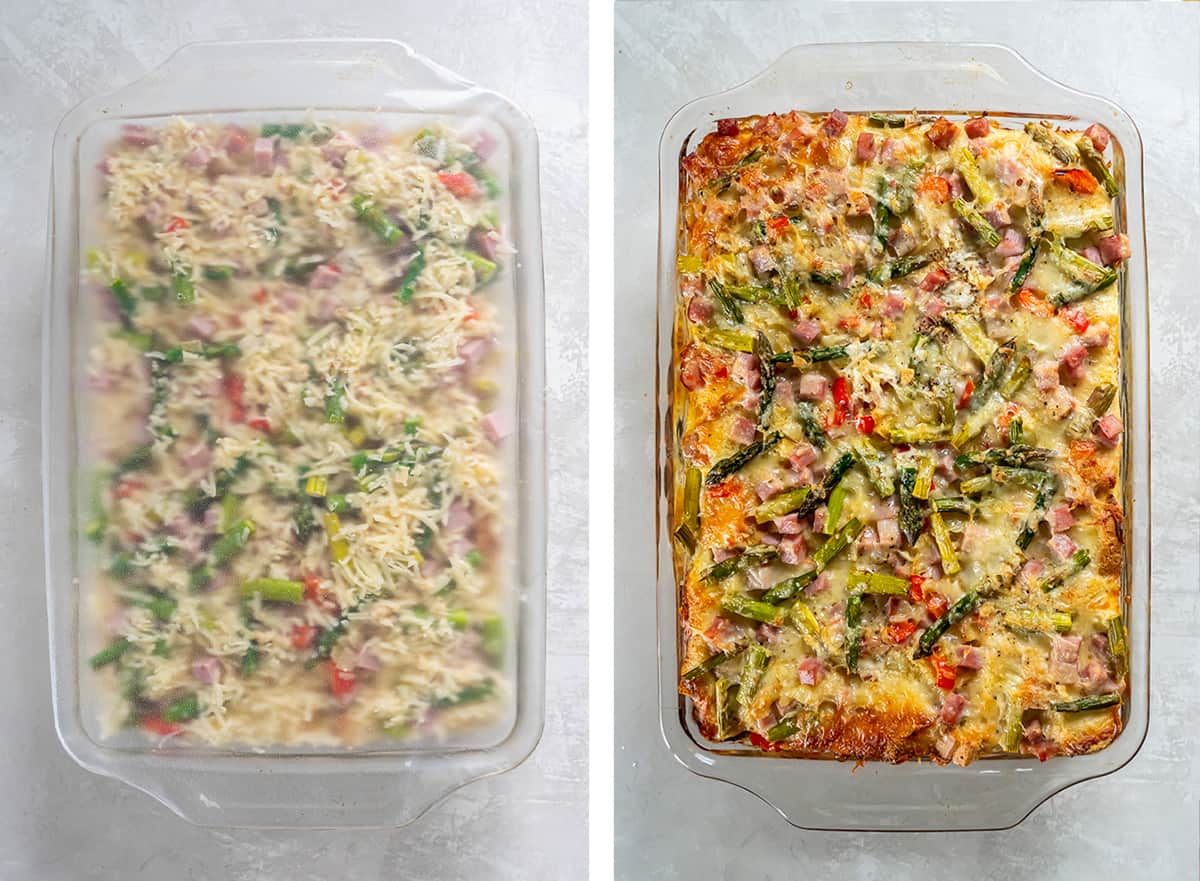Two images of a strata in a baking dish covered with plastic wrap and after being baked.