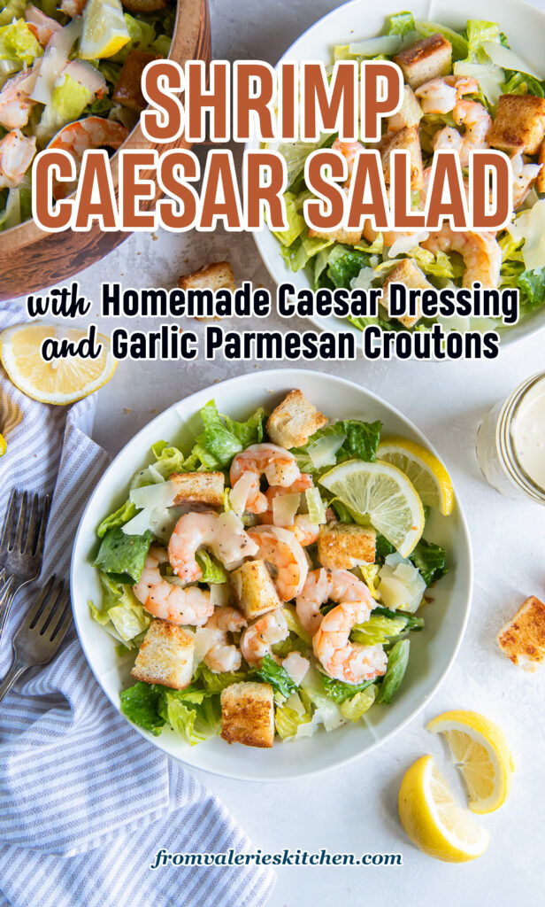 A Caesar salad with shrimp, parmesan, and croutons in a white bowl with text overlay.