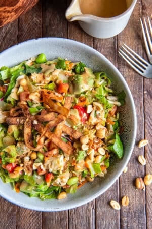 A top down shot of a salad with chicken, edamame, peanut dressing and wonton strips next to a carafe of dressing and forks.