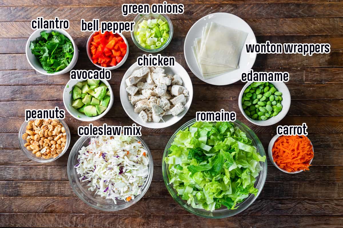 Thai Crunch Salad ingredients including lettuce, vegetables, peanuts and other ingredients in small bowls with text.