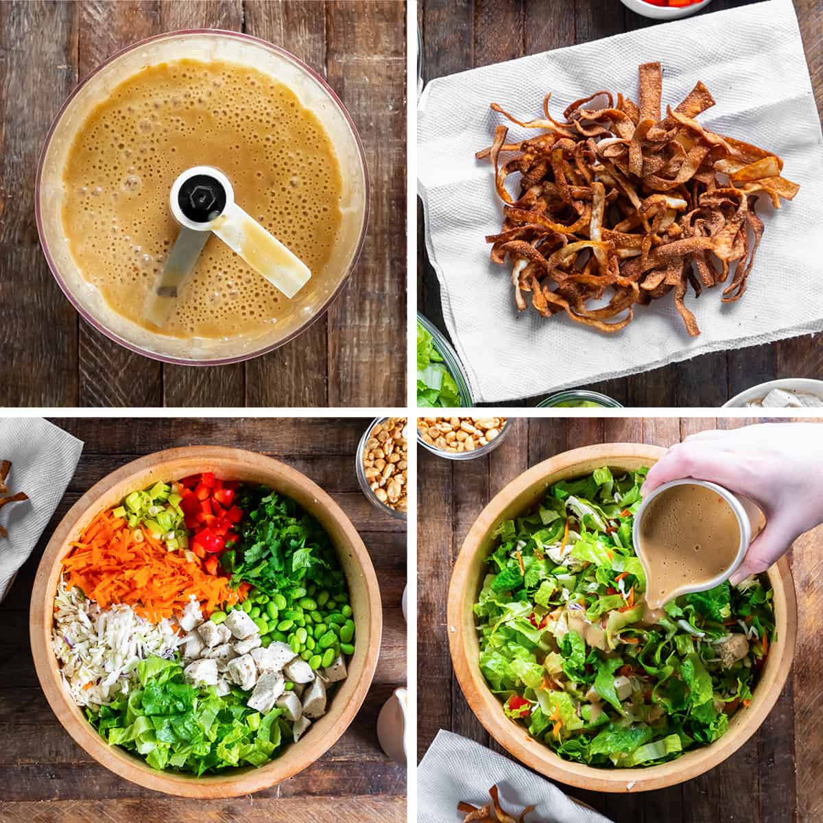 Four images of Thai peanut dressing in a food processor, crispy wonton strips on a paper towel, and Thai crunch salad in a wooden salad bowl.