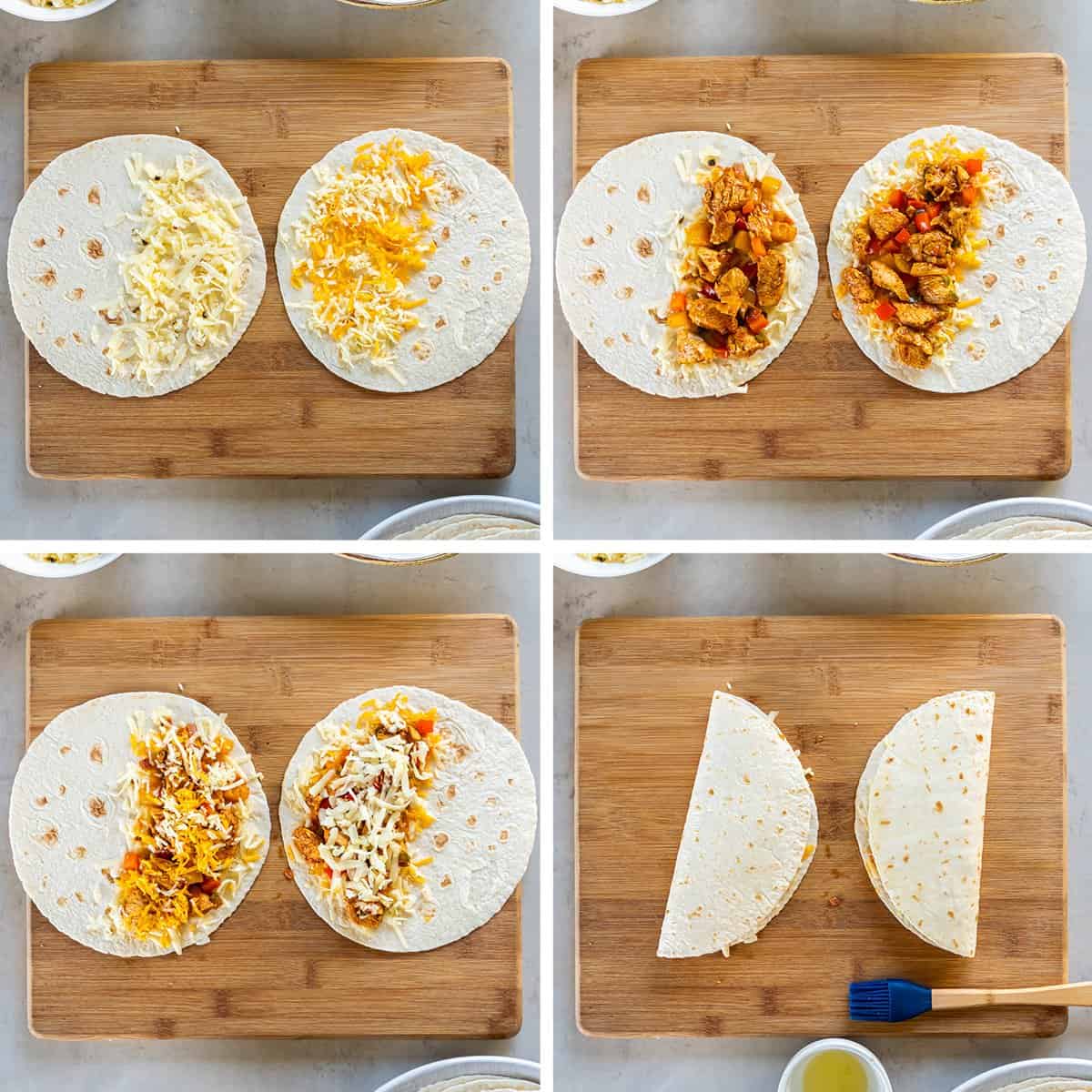 Four images showing how to assemble fajitas with tortillas, chicken, peppers and onions, and cheese.