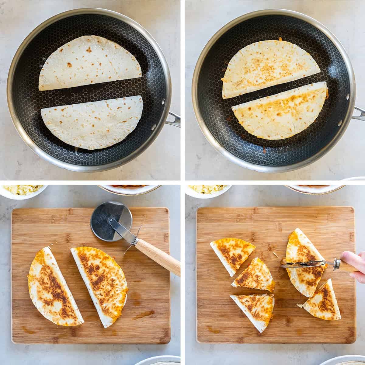 Four images showing fajitas cooking in a skillet and being cut into wedges with a pizza cutter on a cutting board.