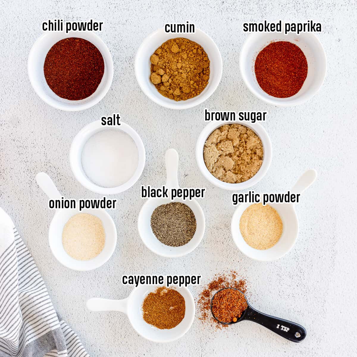 Spices in small bowls with text overlay.