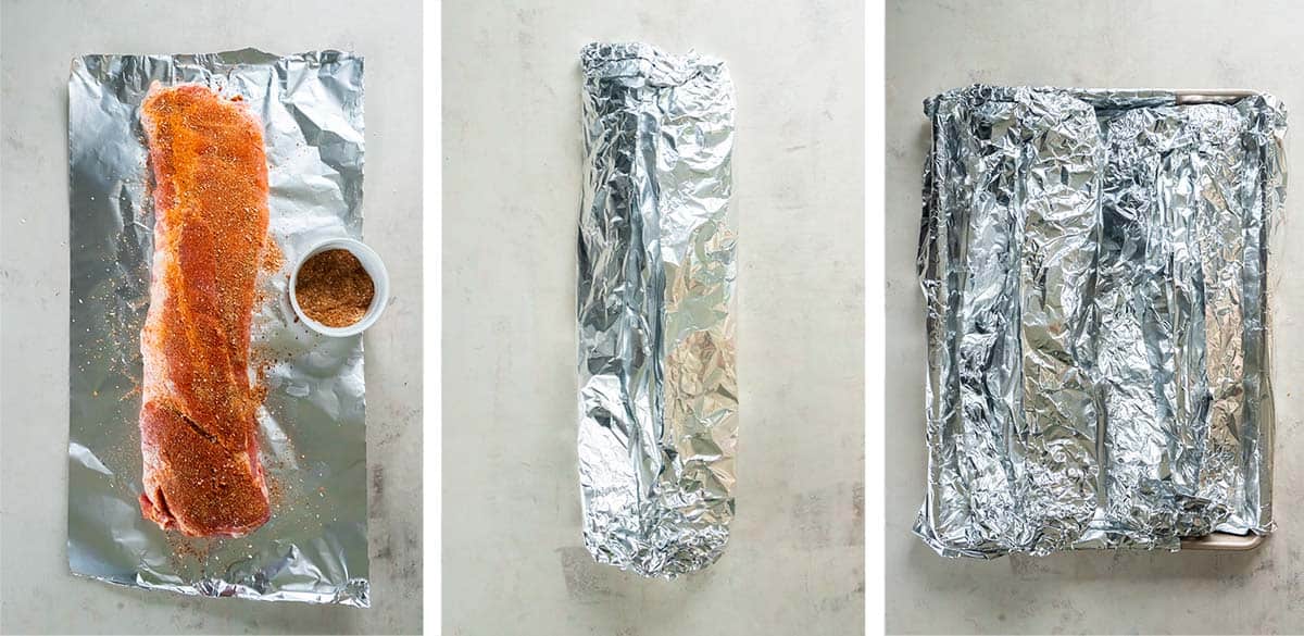 Three images of a seasoned rack of ribs wrapped in foil and on a baking sheet.