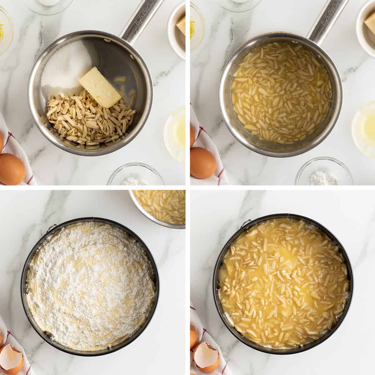 Four images of butter, sugar, and slivered almonds in a saucepan and poured over floured cake batter in a springform pan.