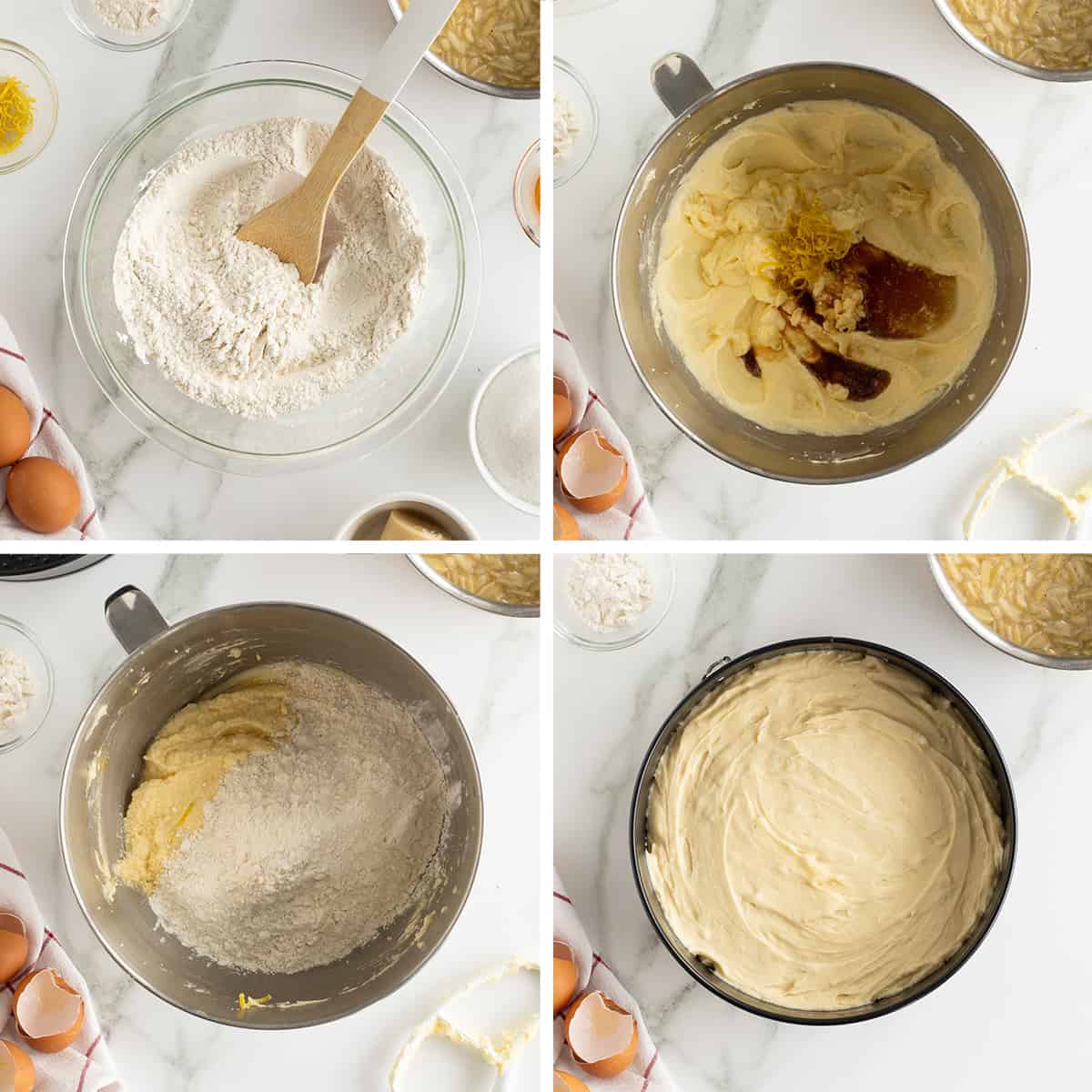 Four images of cake batter being mixed in a bowl and then transferred to a springform pan.