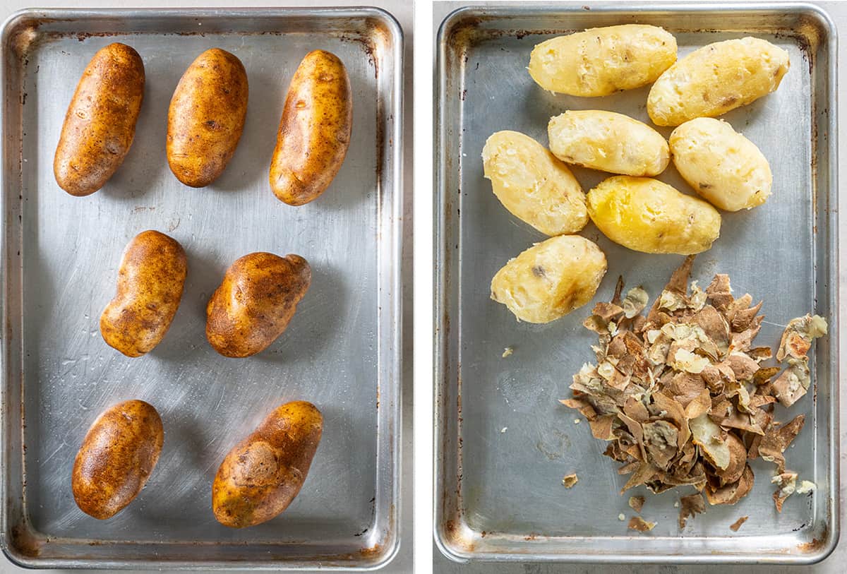 Two images show potatoes on a baking tray and potato skins lying next to baked, peeled potatoes.