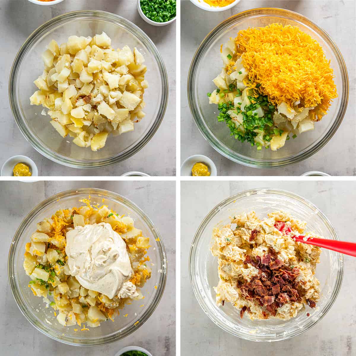 Four images of chopped baked potatoes being combined with other ingredients in a large glass bowl.