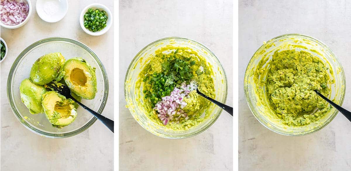 Three images of avocado being mashed with a fork and mixed with onion and cilantro in a bowl.