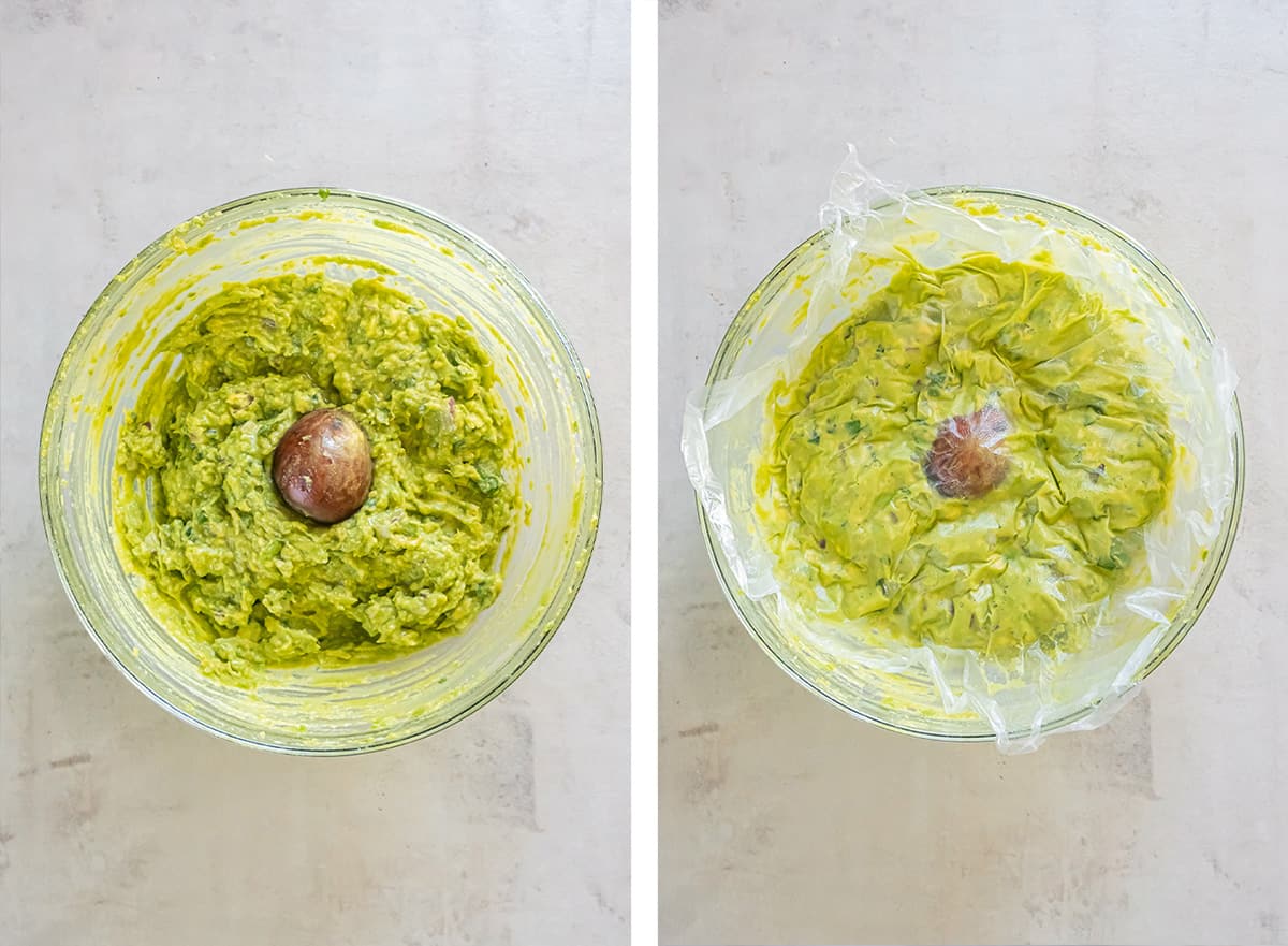 Two images of guacamole in a bowl with an avocado pit pressed in the center and covered with plastic wrap.