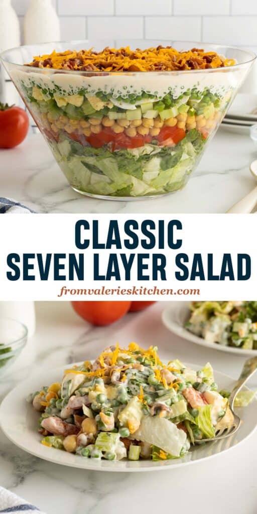Two images of a layered salad in a glass bowl and a serving on a plate with text.
