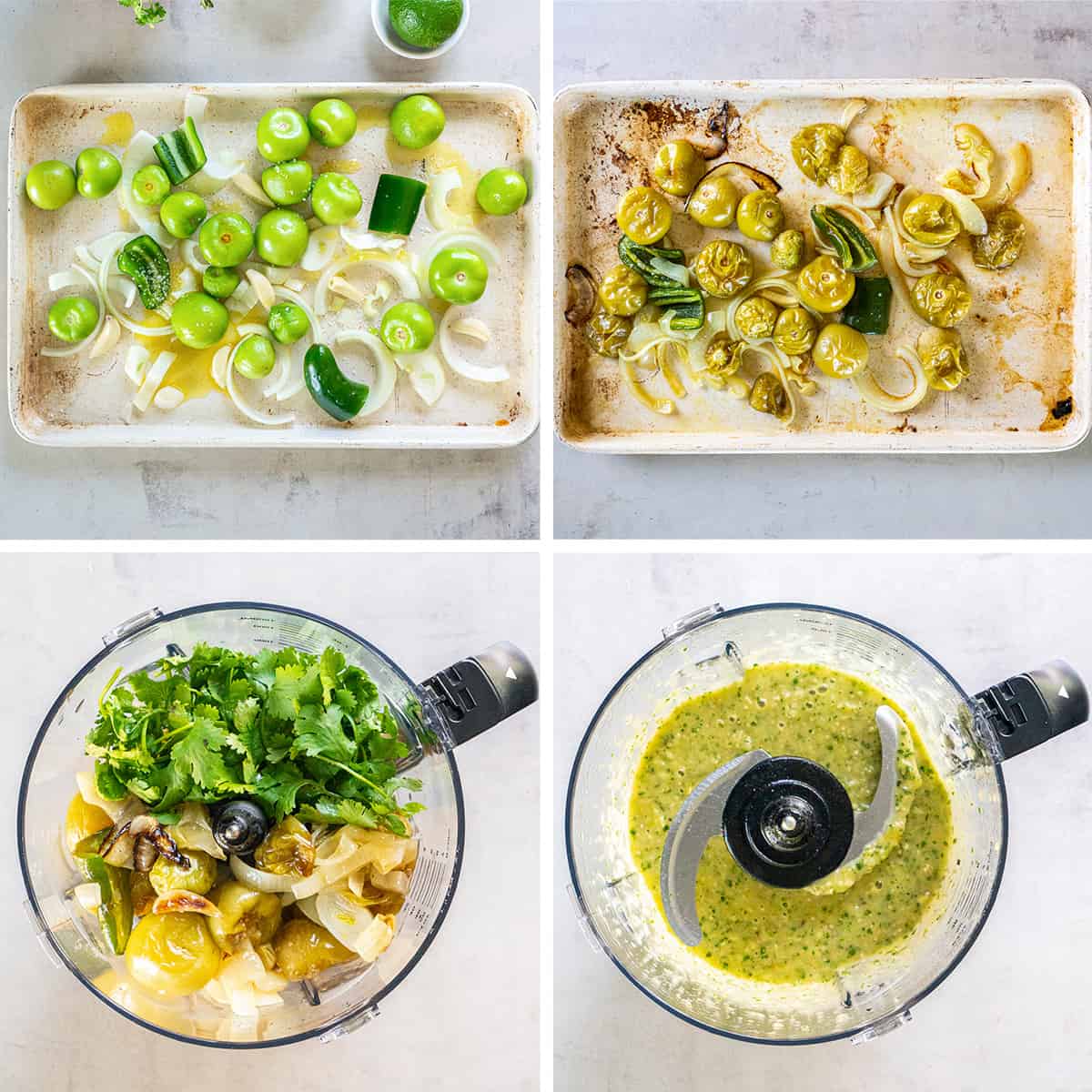 Four images of roasted tomatillos, onion, and jalapeno on a baking sheet and in a food processor.