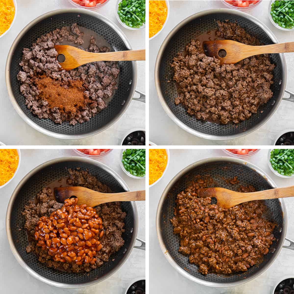 Four images of ground beef cooking in a skillet with taco seasoning and beans.