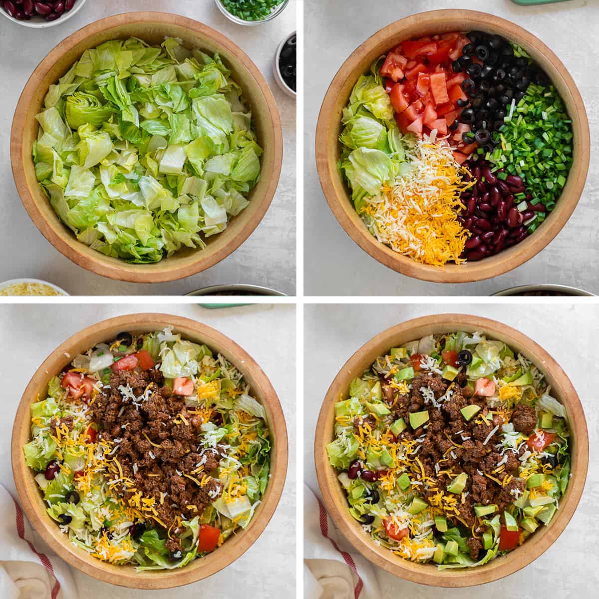 Four images of Taco Salad being assembled in a wooden salad bowl.