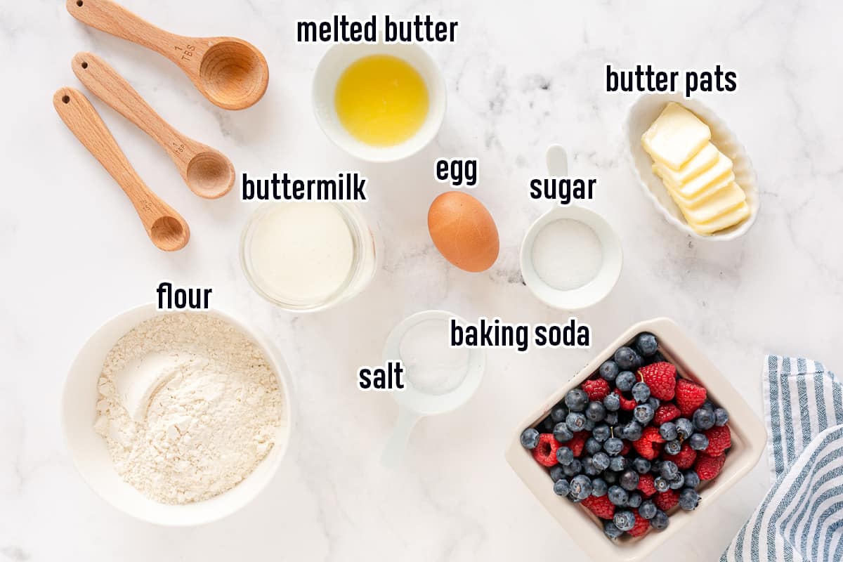 Flour, sugar, buttermilk, and other pancake ingredients with text.