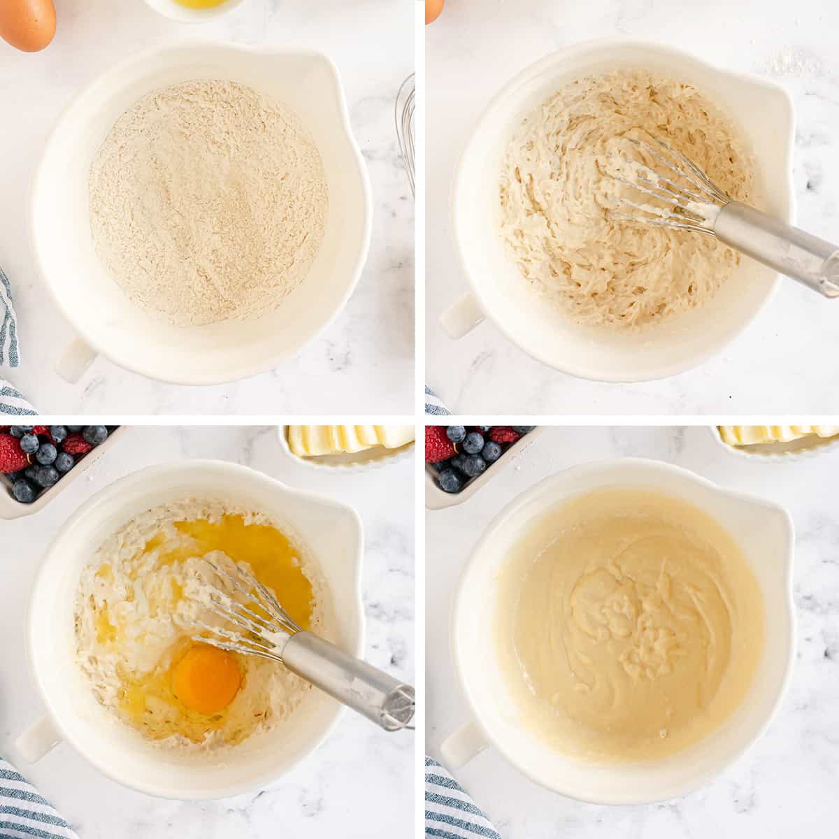 Four images of pancake batter being whisked together in a mixing bowl.