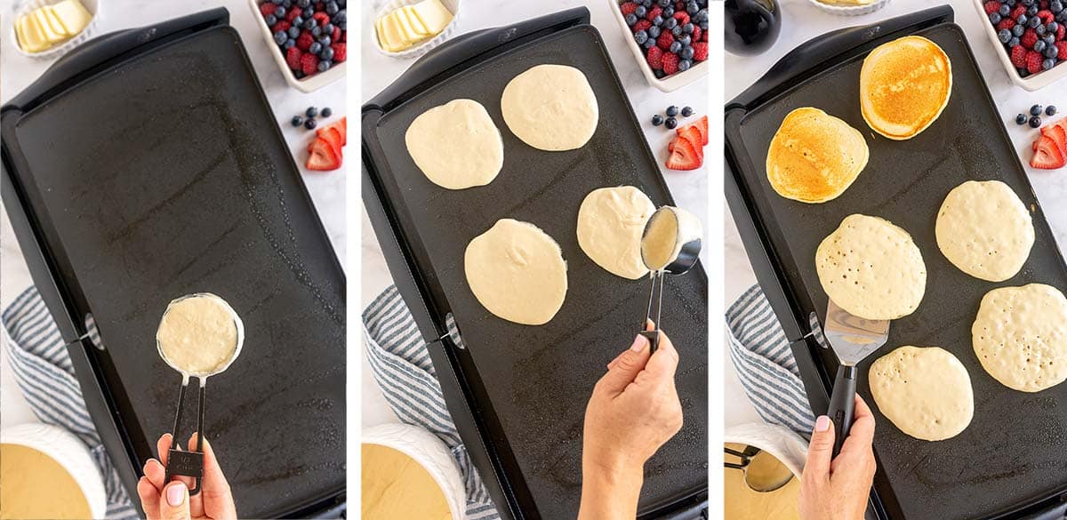 Three images of pancake batter being poured from a measuring cup on to a griddle and pancakes being flipped with a spatula.