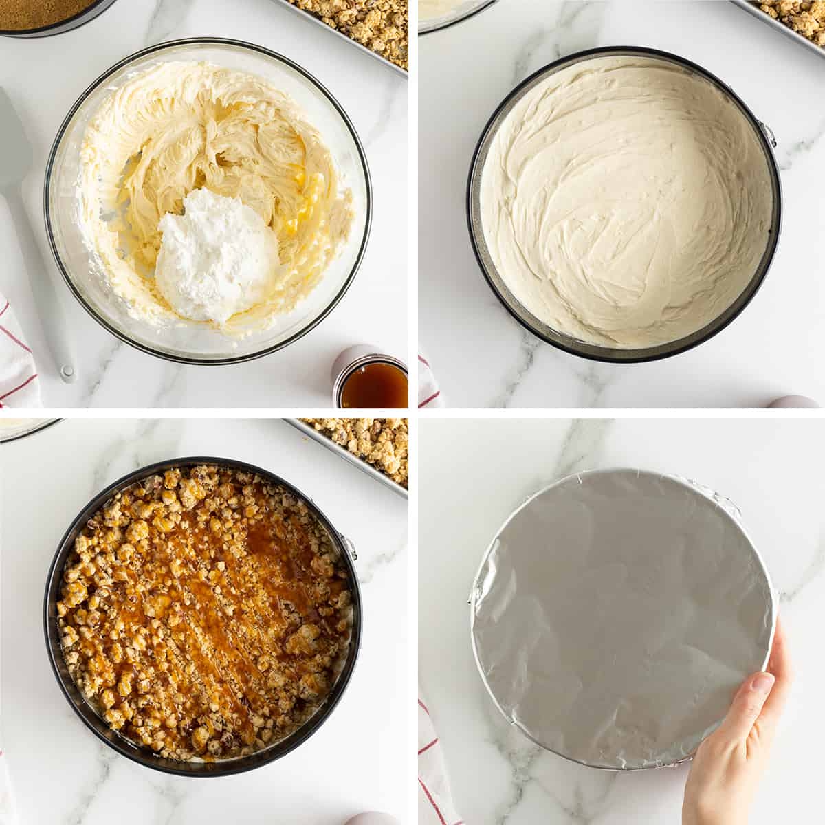 Four images of a cream cheese mixture in a bowl, spread into a springform pan, topped with a butter brickle and caramel, and covered with foil.