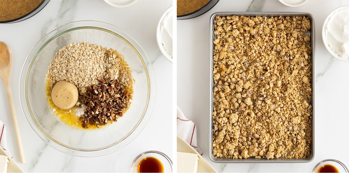 Two images of butter brickle crumble ingredients in a mixing bowl and spread out on a baking sheet.