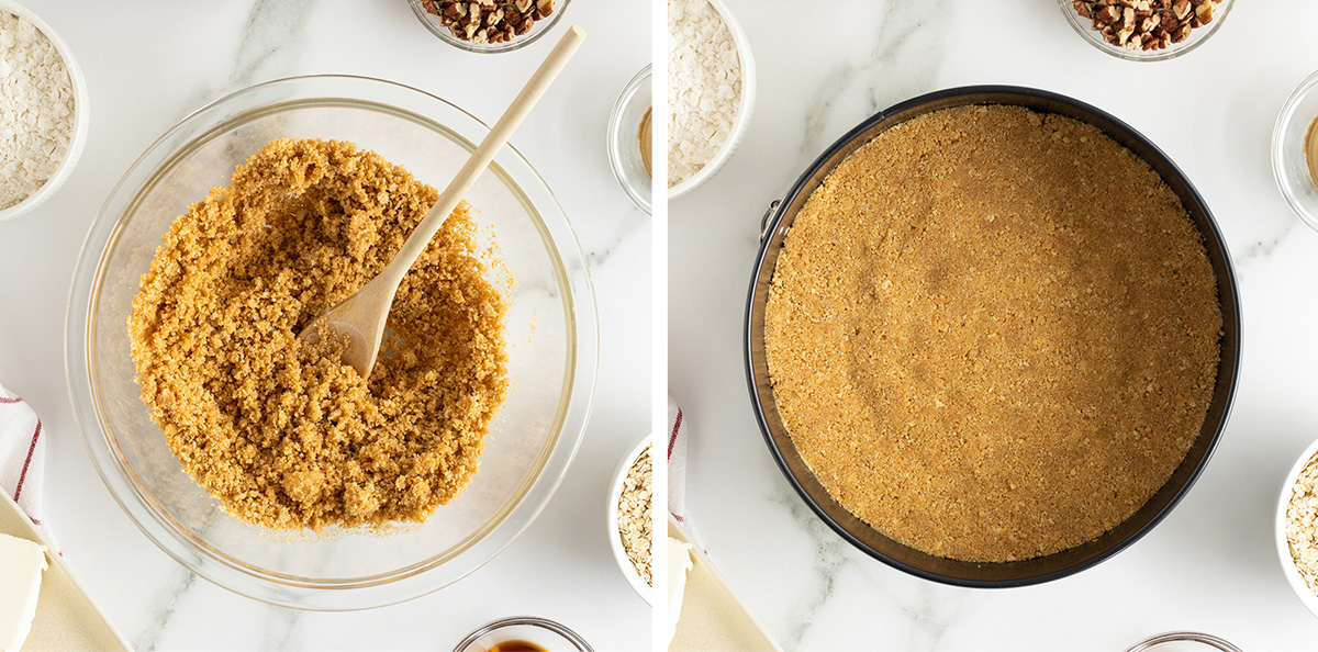 Two images of graham cracker crust ingredients in a a mixing bowl and pressed into a springform pan.