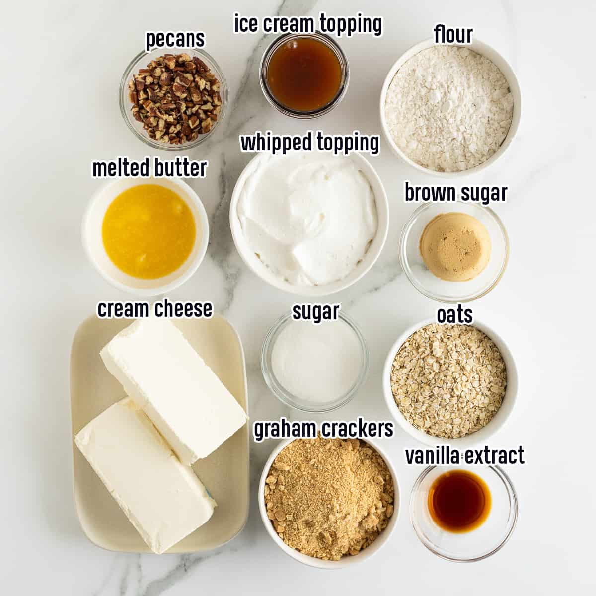 Cream cheese, melted butter, oats, brown sugar and other ingredients in bowls with text.