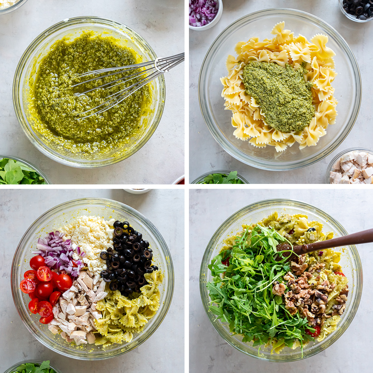 Pesto with yogurt in a bowl with a whisk, on top of cooked pasta in a bowl, and other ingredients added to the chicken pesto pasta salad.