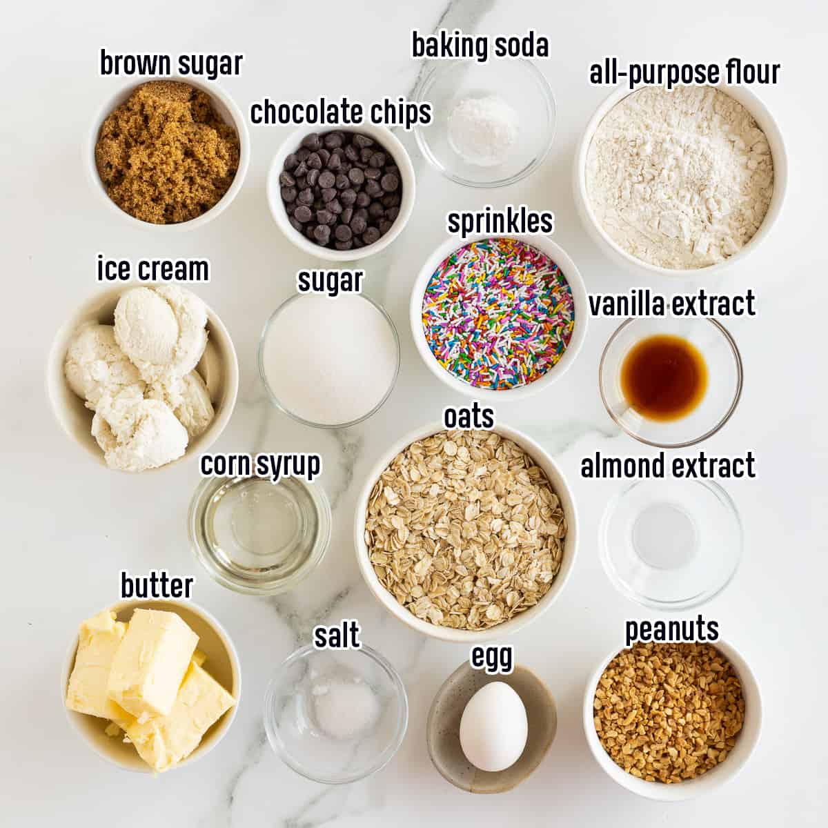 Flour, brown sugar, corn syrup, ice cream and other ingredients in bowls with text.