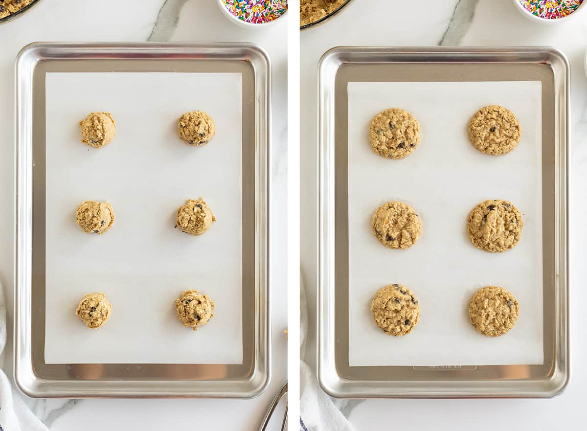 Two images of balls of cookie dough on a parchment paper lined baking sheet before and after baking.