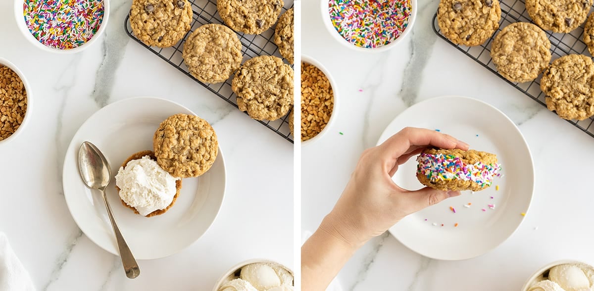 Two images showing ice cream on top of a cookie and a hand holding a cookie ice cream sandwich decorated with sprinkles around the edges.