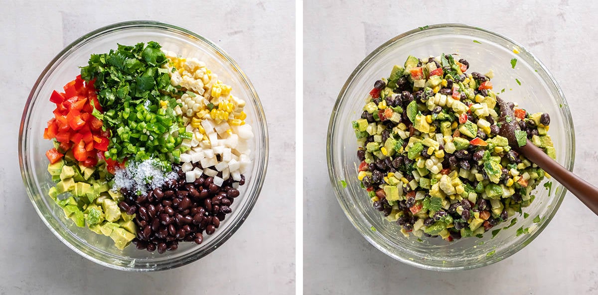 Two images of chopped avocado, diced red pepper, black beans and other ingredients placed side by side in a glass bowl and then mixed together.