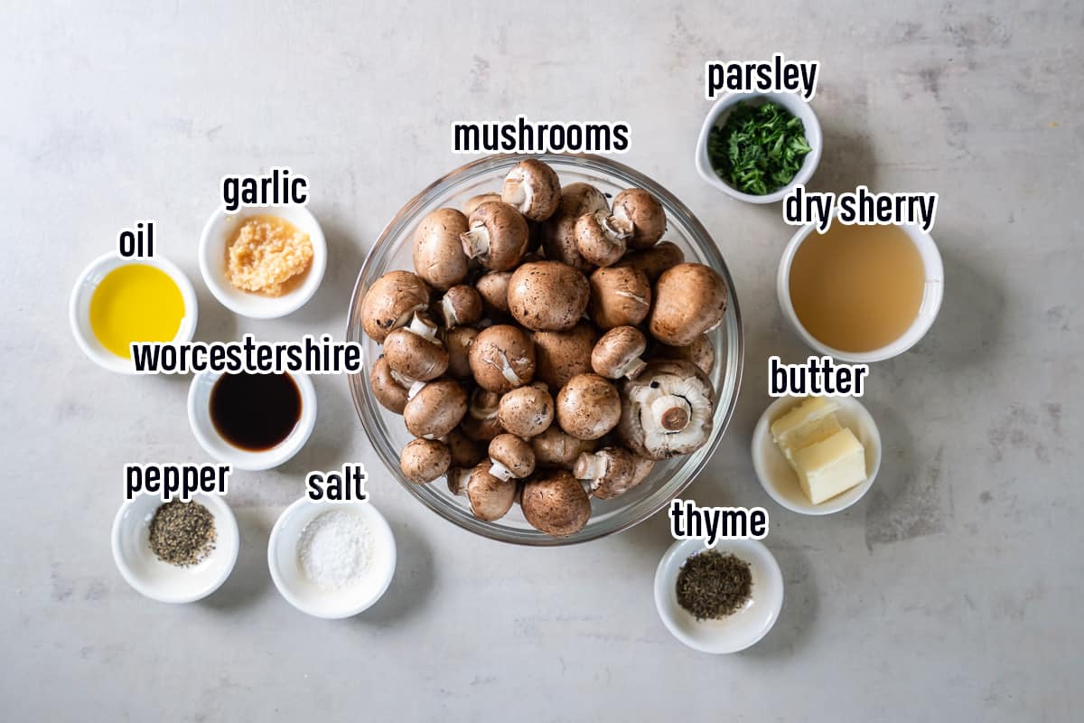 Mushrooms, garlic, oil, and other ingredients in bowls with text.