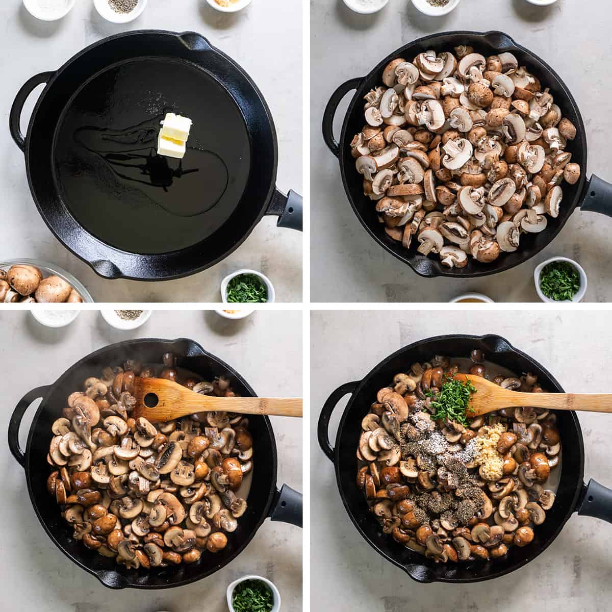 Four images of sliced mushrooms cooking in butter in a cast iron skillet.