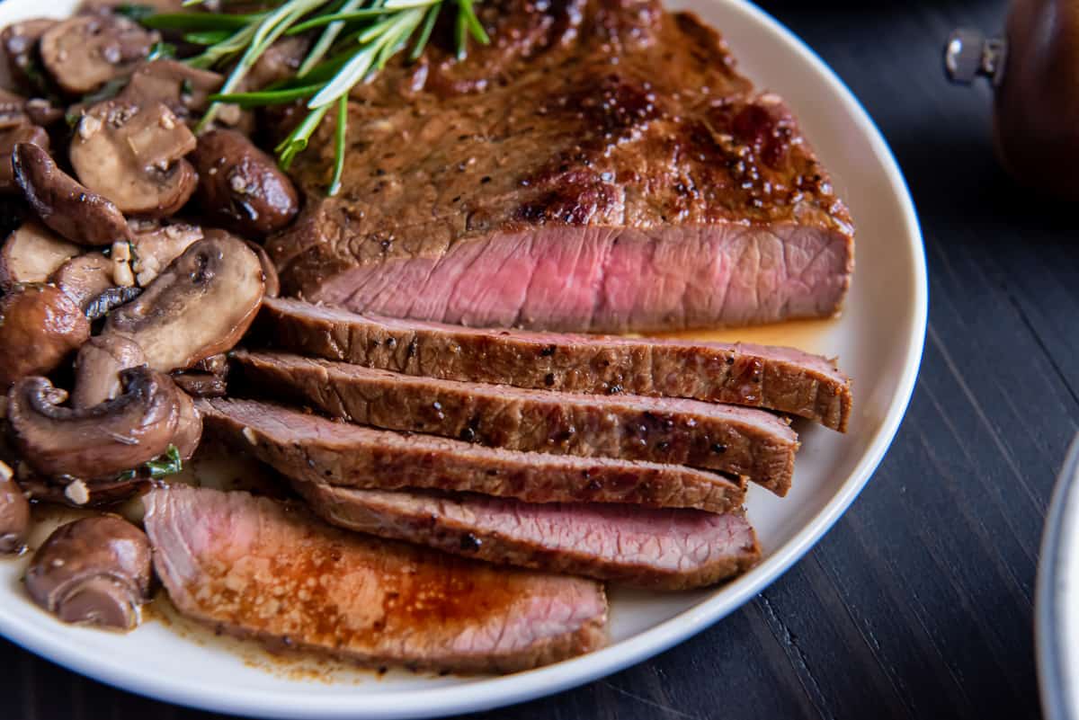 A sliced sirloin steak on a dinner plate with sauteed mushrooms.