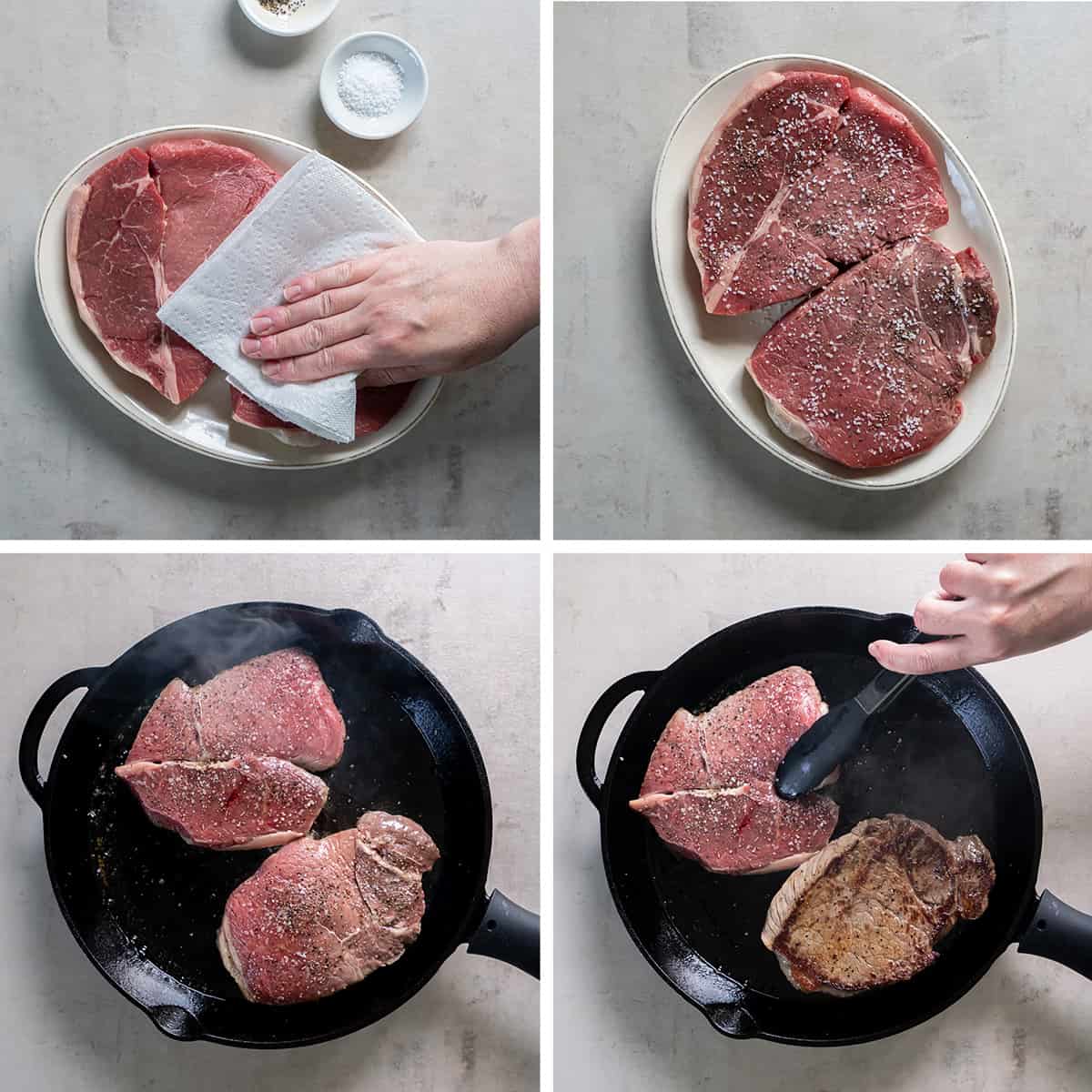 Four images of sirloin steak being seasoned and seared in a cast iron skillet.