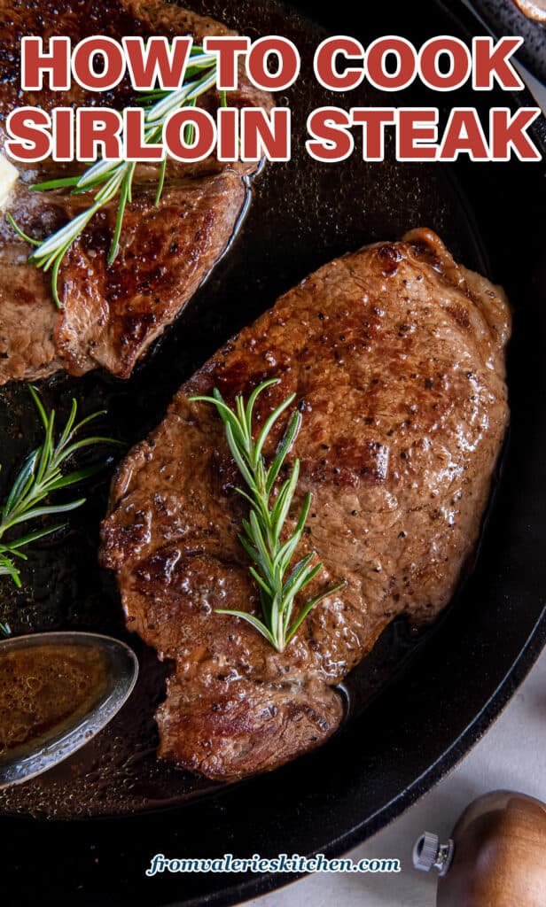 A top down shot of two steaks topped with sprigs of rosemary in a cast iron skillet with text.