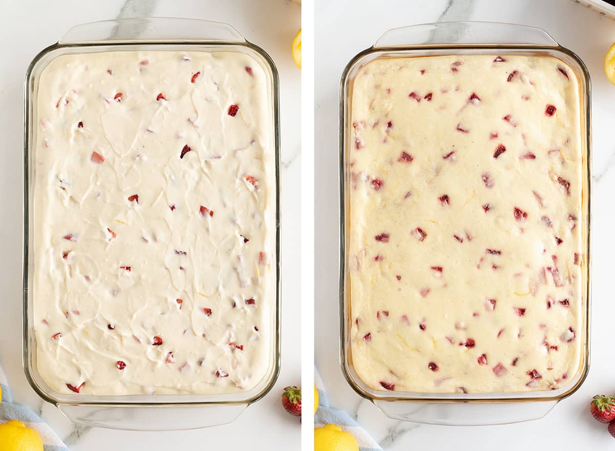 Two images of Strawberry Cheesecake Bars in a glass baking dish before and after being baked.