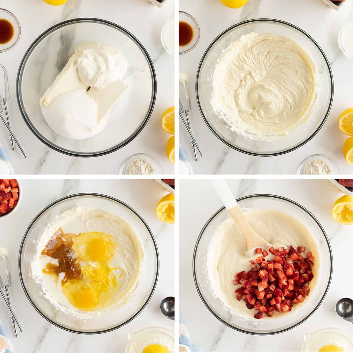 Four images of cream cheese, sugar, and strawberries combined with other ingredients in a glass mixing bowl.