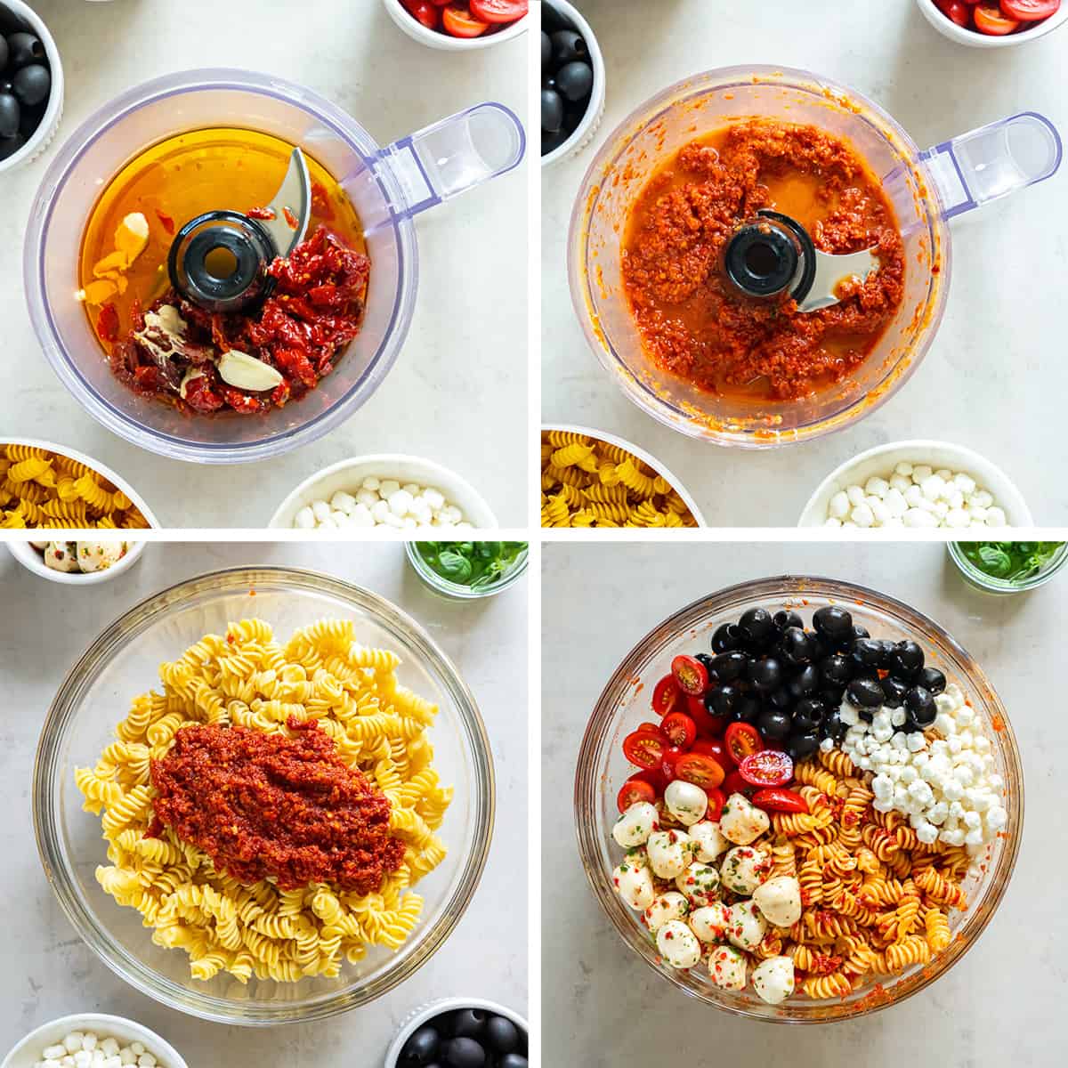 Four images of sun-dried tomato dressing being prepared in a food processor and then mixed with pasta and other ingredients in a mixing bowl.