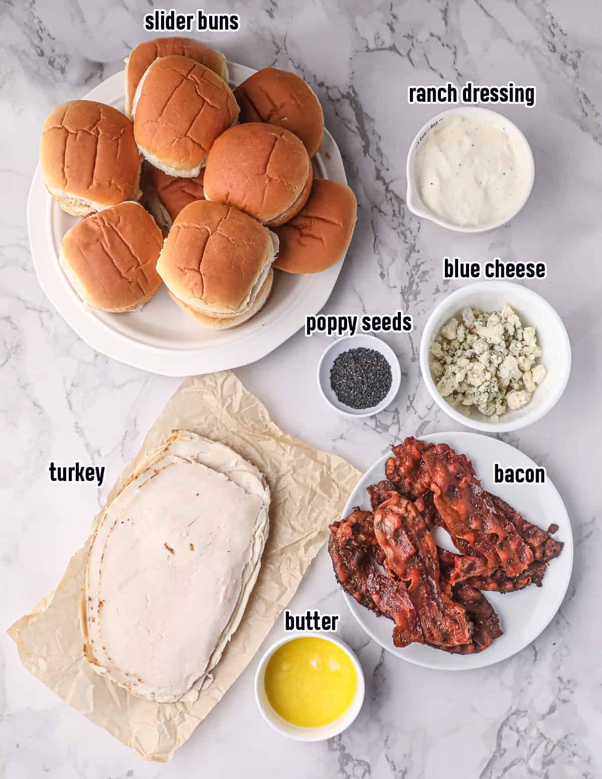 Deli turkey, slider buns, bacon and other ingredients with text.
